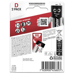 Energizer Max LR20 D batteries in white and black packaging with red accents and clear window, featuring recyclable labeling.