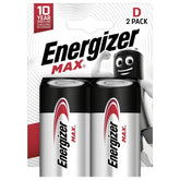 Energizer Max LR20 D Battery packaging featuring glossy materials, red and white stripes, and bold black text on a white back