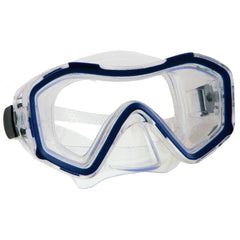Escubia Hydra Allergy Free PVC diving mask with a blue and white translucent frame and clear lenses, designed for ages 14 and