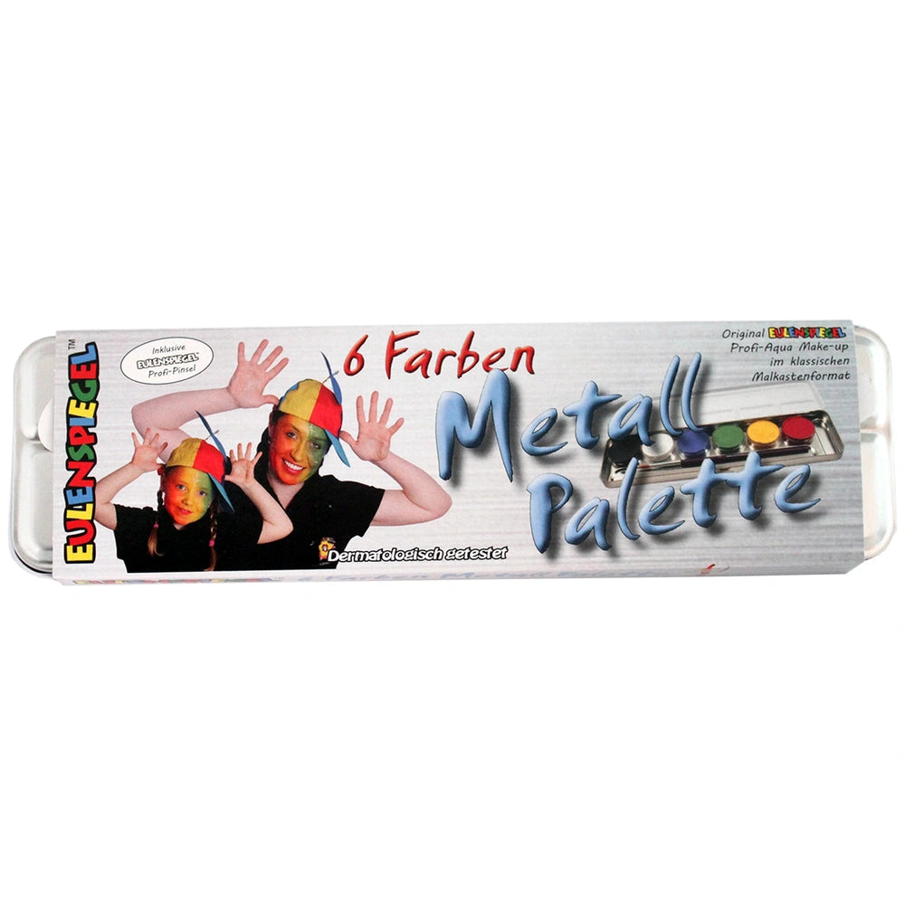 EULENSPIEGEL metal palette with 6 colors, featuring colorful hats on two people and clear packaging with "PROFI-AQUA-MAKEUP"