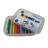 Feuchtmann Basic Modelling Dough in a transparent box with four colorful crayons: red, yellow, green, and blue.
