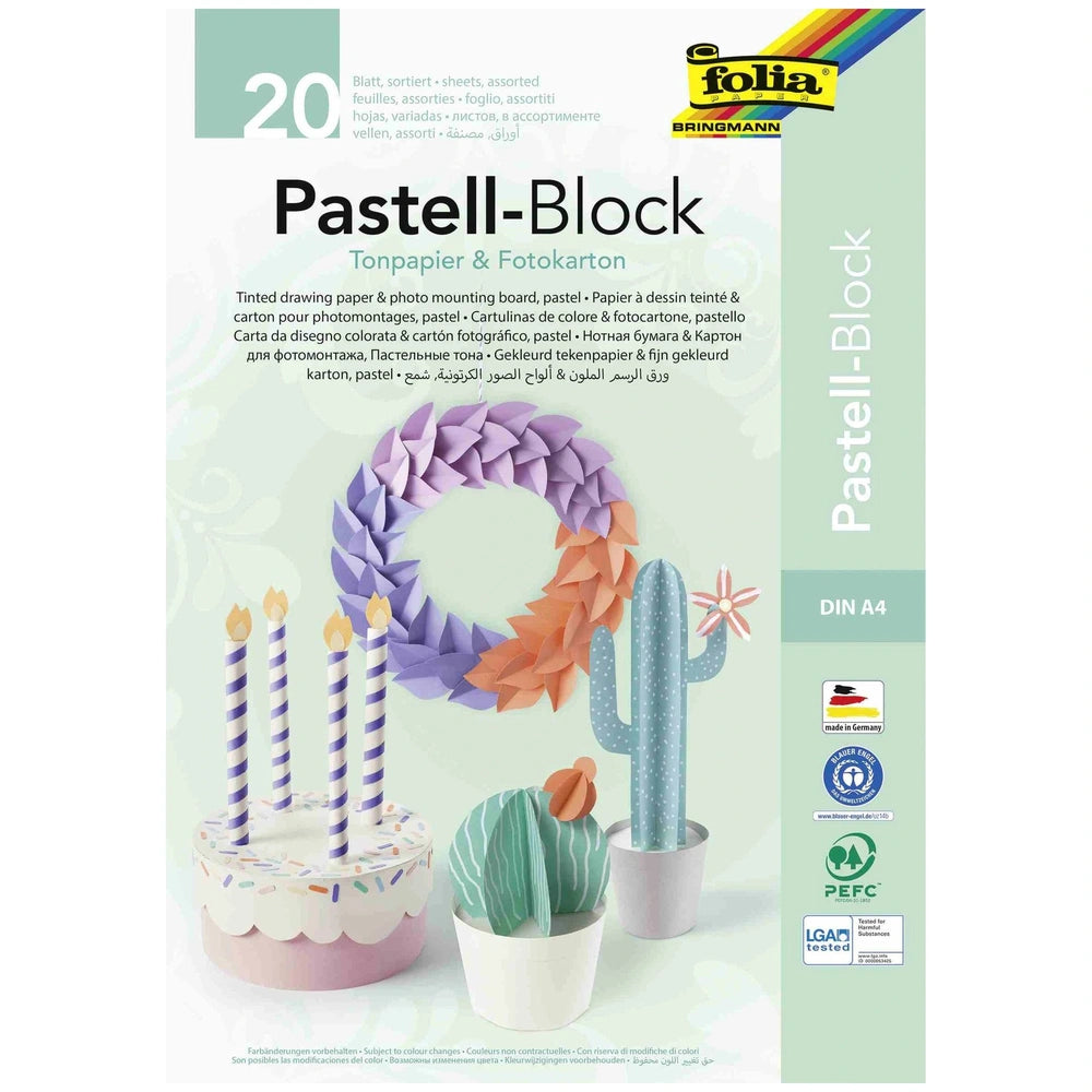 Folia Pastelblock A4 arts & crafts packaging features assorted multi-colored sheets, cactus, birthday cake, and printed text.