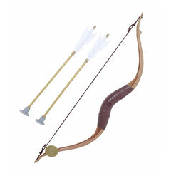 Ginmar bow and arrow set features a brown wood-fiberglass bow, gold aluminum shafts, white tips, and a black synthetic bowstr