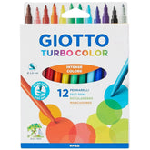 Giotto Turbo Colour Set of 12 markers in a glossy packaging with a clear window, featuring vibrant rainbow colors and blue ca