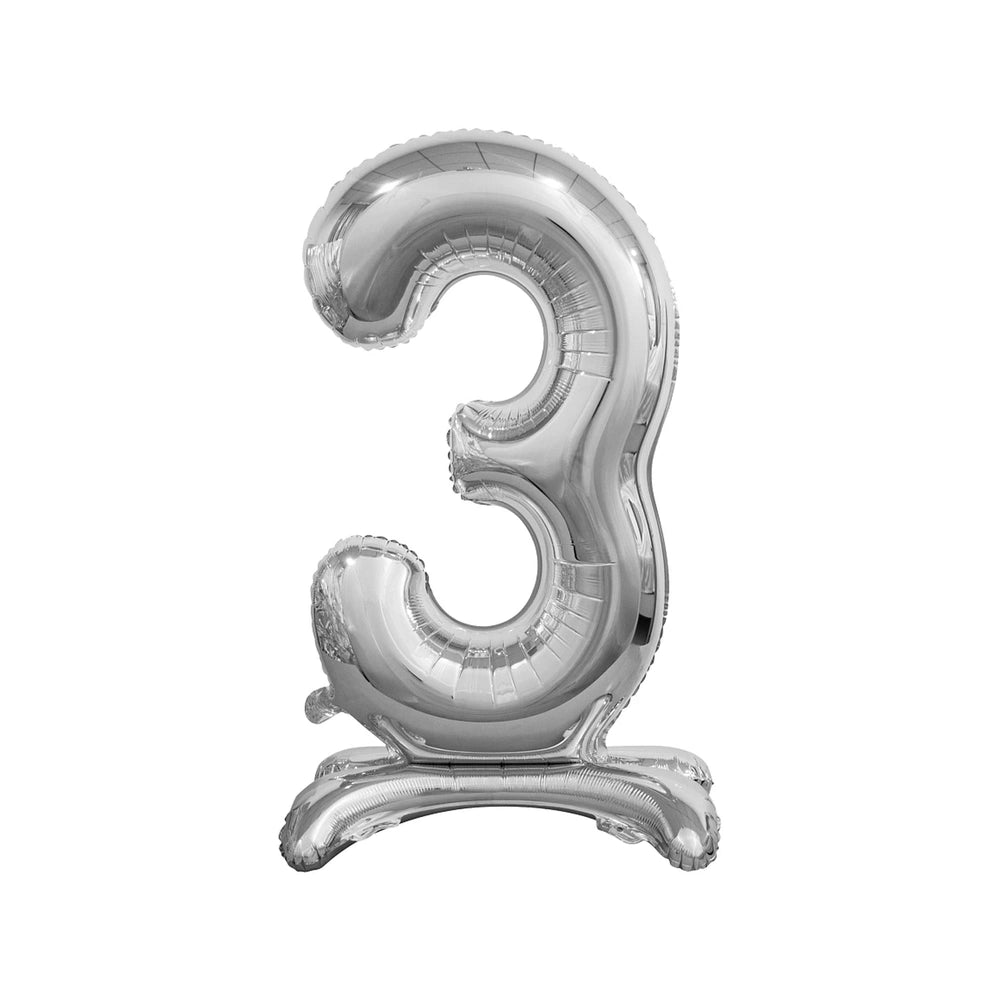 Silver metallic standing foil balloon digit 3 on a white background, ideal for party supply kits.