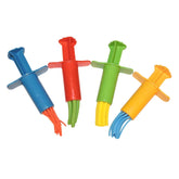 Gowi 4-piece kneading syringes in bright plastic colors red, blue, green, yellow, orange, and pink with handles and spouts.