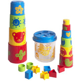 Gowi Box Bee stacking and sorting toy features a tower of glossy yellow, red, green, blue cups topped with a matte blue lid.