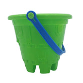 Gowi green castle bucket with a blue handle, glossy plastic, 17 cm diameter, features ridges and a lid.
