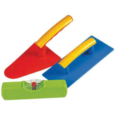 Gowi Design Bricklaying Set featuring red matte, yellow matte, and blue glossy plastic shovels arranged centrally.