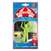 Gunther Flugspiele parachute throwing toy packaging features a glossy blue background with white text and colorful parachute