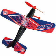 Raizor Flying Propeller features a red propeller, black body, and red-blue patterned wings and tail, ideal for outdoor play.