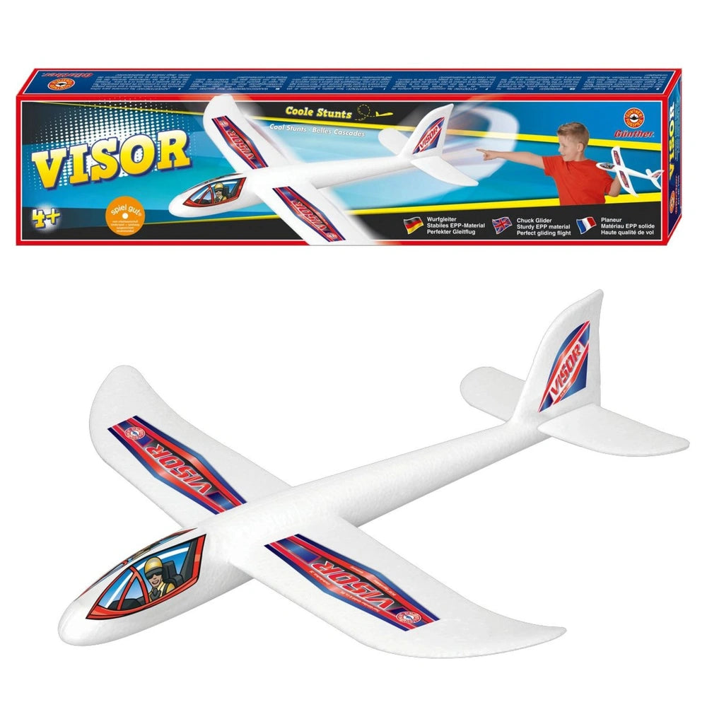 Gunther Flugspiele Visor Throw Glider packaging in blue, red, and yellow, featuring a white toy airplane with "COOLE STUNTS"