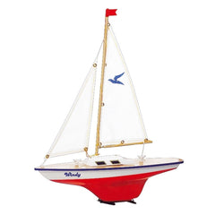 Windy Sailing Boat ready-to-sail with red hull, white sail, blue bird, and yellow mast, featuring "WINDY" text.