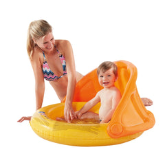 Happy People baby pool with sun canopy, featuring a woman in a multicolored bikini and a child in an orange swimsuit.