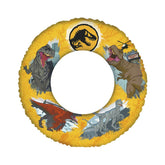 Jurassic World swimming ring featuring illustrated dinosaurs on a yellow background with a black and yellow dinosaur icon.