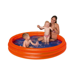 Happy People pool with three orange inflatable rings, kids enjoying water, and a woman in a bikini in a vibrant lifestyle sce