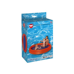 Happy People inflatable pool for kids with three rings, featuring orange color and blue water, shown in glossy retail packagi