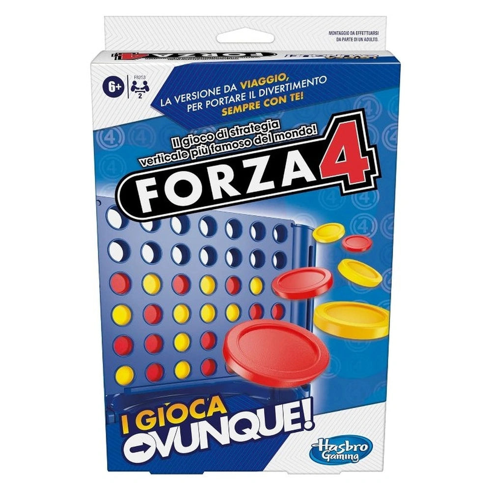 Forza 4 Travel board game in Italian edition, featuring a blue box with red and yellow circles, plastic pieces, and clear win