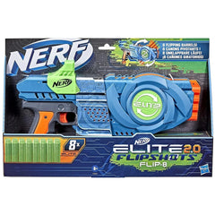 Nerf Elite 2.0 Flipshots Flip-8 Blaster in vibrant orange, green, and gray displayed in blue cardboard packaging with plastic