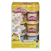 Play-Doh Metallics Compound Collection packaging features four colorful containers stacked, with a yellow background and red-