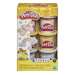 Play-Doh Metallics Compound Collection packaging features four colorful containers stacked, with a yellow background and red-