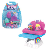 Hatchimals Alive Hungry Hatchimals Playset features a pink play mat, a convertible toy car, and two colorful mini figures.