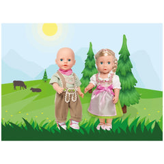 Heless Dirndl Heidi dolls feature blue eyes, fabric outfits, and accessories against a painted grass backdrop with a cow and