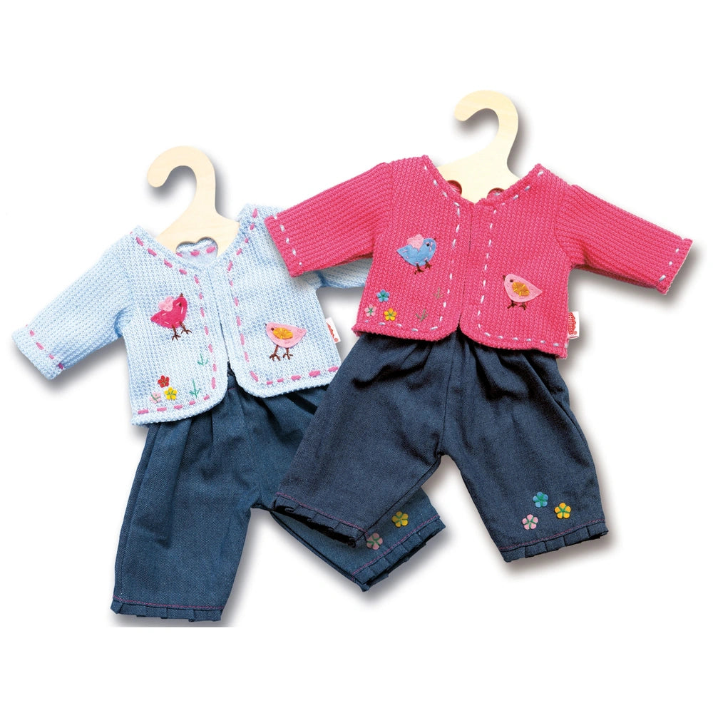 Heless jacket with jeans for dolls, featuring blue fabric with pink accents, floral and bird patterns, and various details.