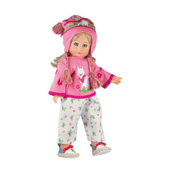 Heless Alpaca Oscar doll with long blonde hair, wearing a pink knitted hat, sweater, floral pants, and patterned shoes.