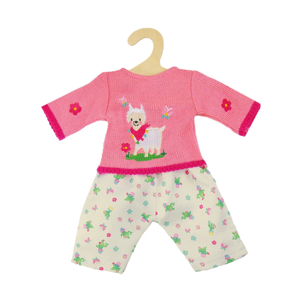 Heless pullover and pants set for dolls, featuring pink fabric with floral patterns and a dog graphic, size 35-45 cm.