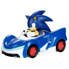 Sonic The Hedgehog die cast vehicle in blue with red wheels, glossy finish, steering wheel, and detailed interior.