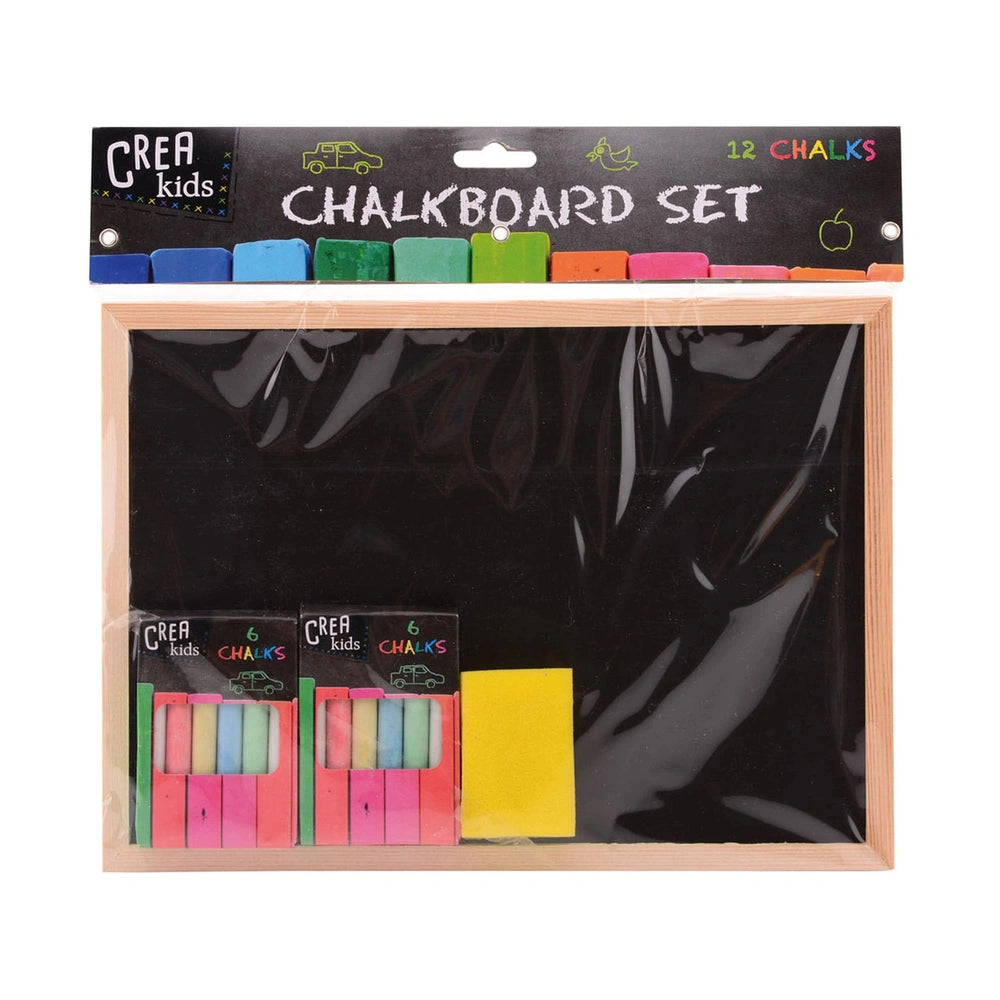 Crea Kids Chalkboard set in black packaging features a clear window, two colorful chalks, and a yellow eraser.