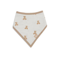 Jollein Bib Bandana Teddy Bear 2 Pack features lightweight beige fabric with light brown teddy bears at the corners and scall