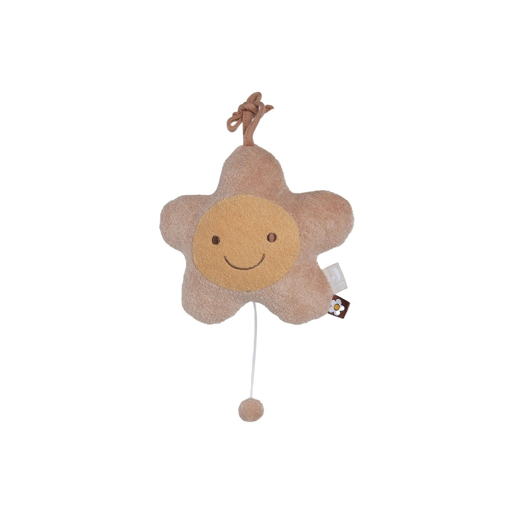 Jollein Musical Hanger features a light brown plush star with a smiling face and decorative dot, centered on a plain white ba