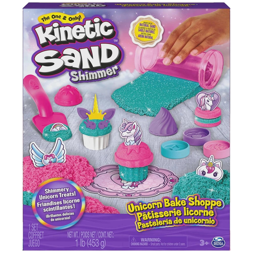 Kinetic Sand Unicorn Bake Shoppe kit features pink and purple molds, sand shimmer, and unicorn decorations in a vibrant packa