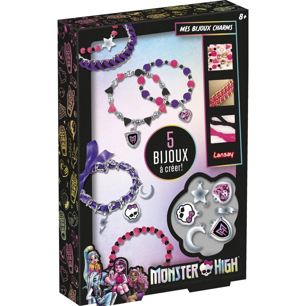 LANSAY My Charms Bracelets retail packaging features colorful beads and silver charms on a glossy black background.