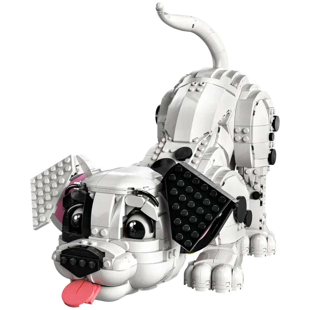 LEGO construction set features a white dog with black and pink accents, made of interconnected bricks, looking to the left.