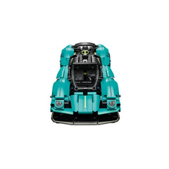 LEGO Aston Martin Valkyrie construction set features blue and black components with shiny metallic and matte plastic surfaces