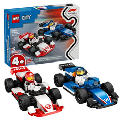 Two LEGO® F1® race cars side by side: a white and red Haas car with a red driver and a blue Williams car with a blue driver, both in front of their colorful packaging.