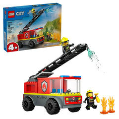 LEGO City Fire Ladder Truck set featuring a red fire truck with a raised ladder, two firefighter minifigures, and flickering flames.
