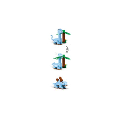 Blue dinosaur model next to a palm tree and brown tree trunk, showcasing playful, colorful LEGO® bricks with expressive features.