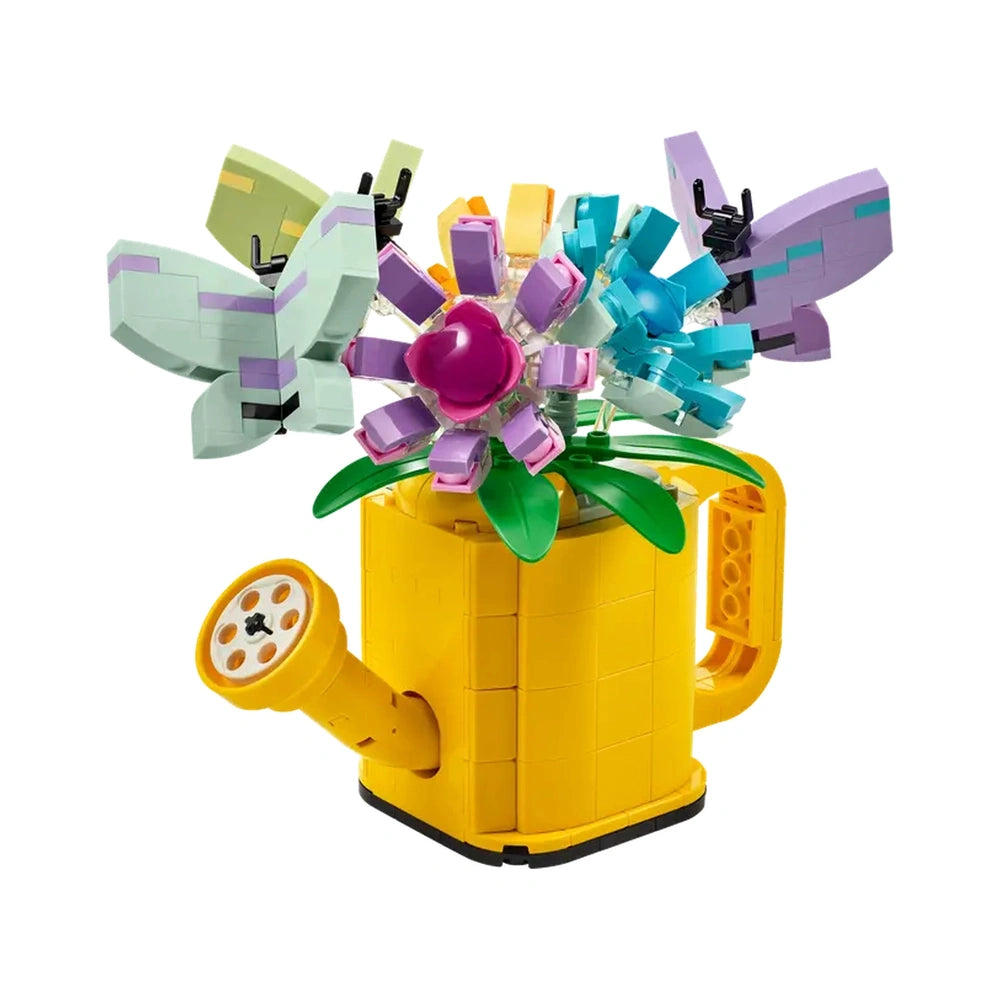 Colorful LEGO® Creator Flowers in a yellow watering can, featuring vibrant butterflies and playful petals, encouraging creative play.