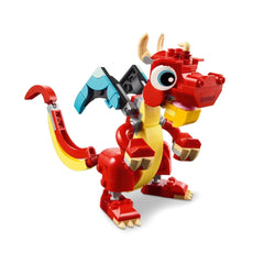 Friendly red LEGO dragon, featuring a vibrant red body, yellow belly, big expressive eyes, and blue wings.