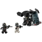 LEGO Death Trooper and Night Trooper minifigures stand ready with blasters beside a black dropship featuring a transparent cockpit.