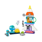 Colorful LEGO® DUPLO® 3in1 Space Shuttle Adventure set featuring an orange and white rocket, two astronaut figures, and playful alien characters, fostering imaginative space exploration.