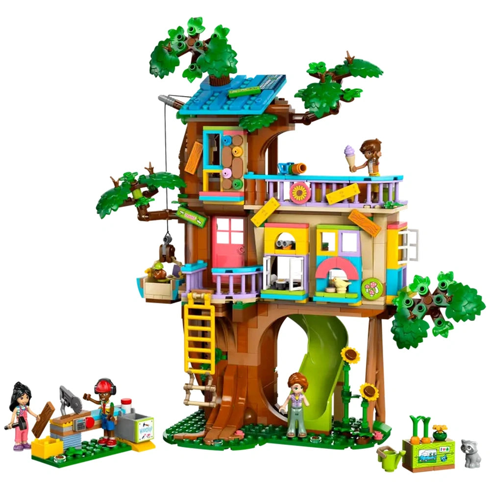 Colorful LEGO Friends tree house set featuring intricate details, playful minidolls, and playful animal figures, surrounded by greenery.