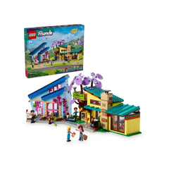 LEGO Friends set featuring two colorful family houses and a tree house, with five mini-dolls and a pet, inviting imaginative play.