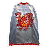 Amber Dragon Cape featuring a dynamic red dragon design with yellow highlights on smooth metallic fabric, set against a gray