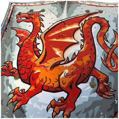 Amber Dragon Shield featuring a dynamic orange dragon on a reflective metallic background with textured patterns.