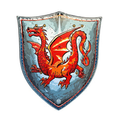 Amber Dragon Shield features a glossy surface, blue border, and a red-orange dragon with a long neck and tail.